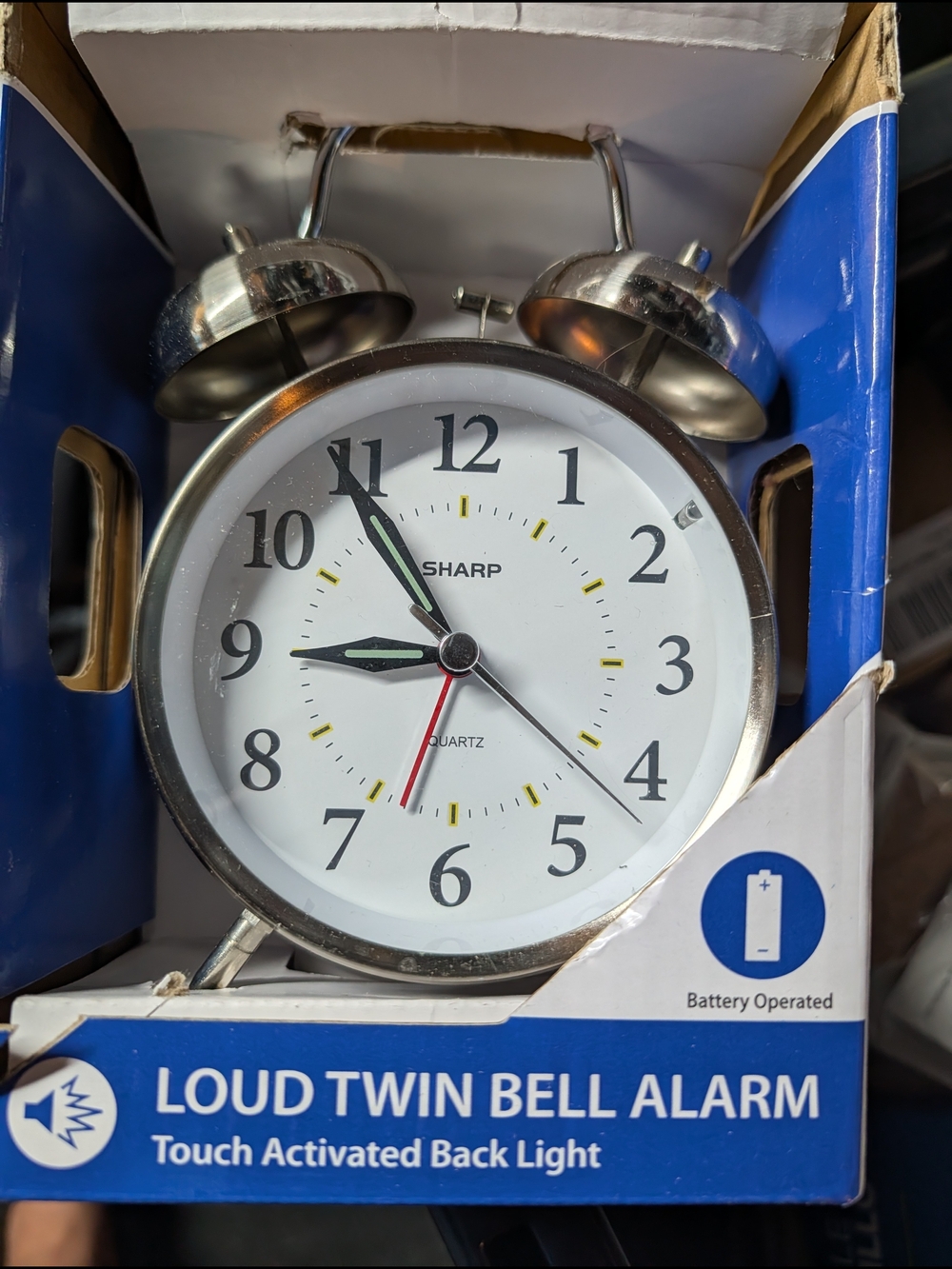 SHARP White Twin Bell Alarm Clock - Loud Touch-Activated Backlight